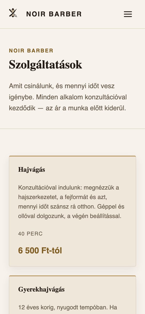 A NOIR BARBER szolgáltatásai és árai telefonon