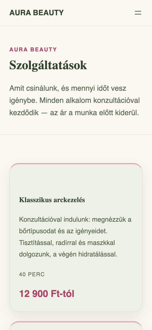 Az AURA BEAUTY szolgáltatásai és árai telefonon