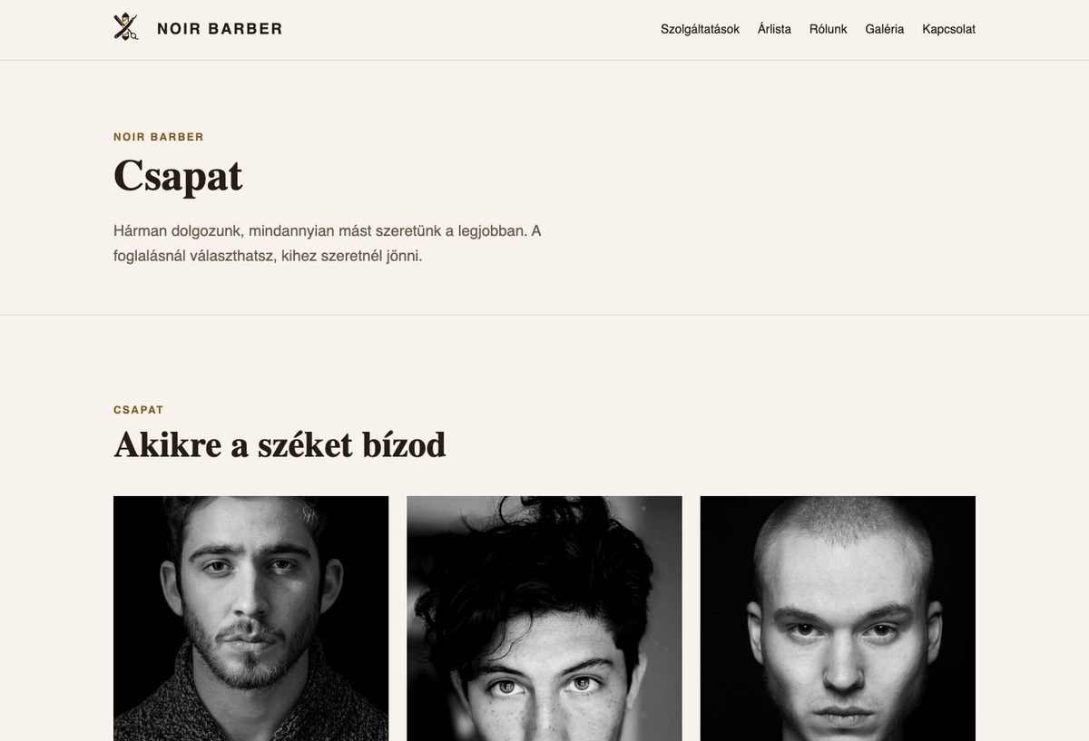 A NOIR BARBER bemutató oldal csapat oldala