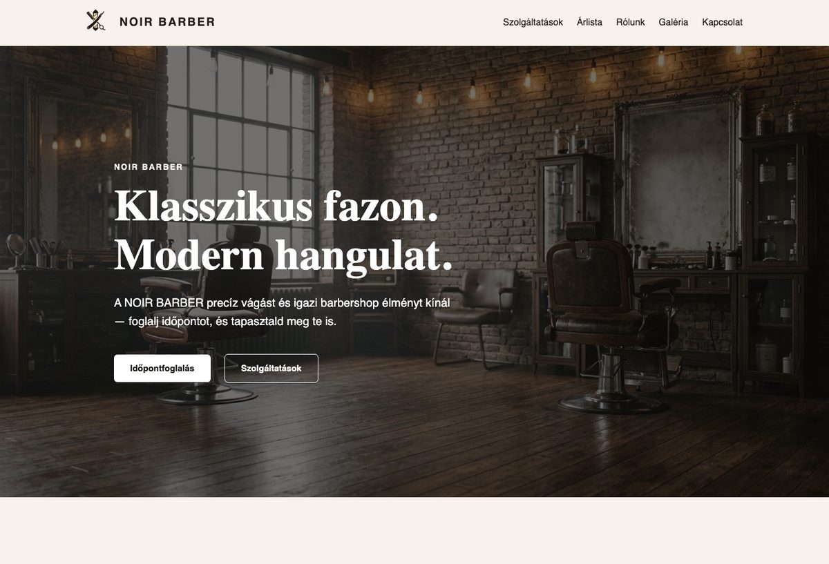 A NOIR BARBER bemutató oldal főoldala asztali nézetben