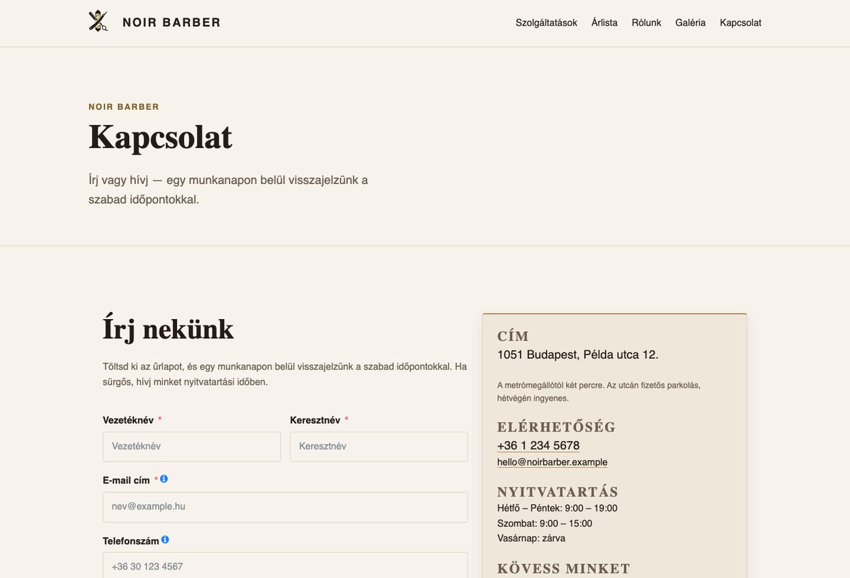 A NOIR BARBER bemutató oldal kapcsolat és foglalás oldala