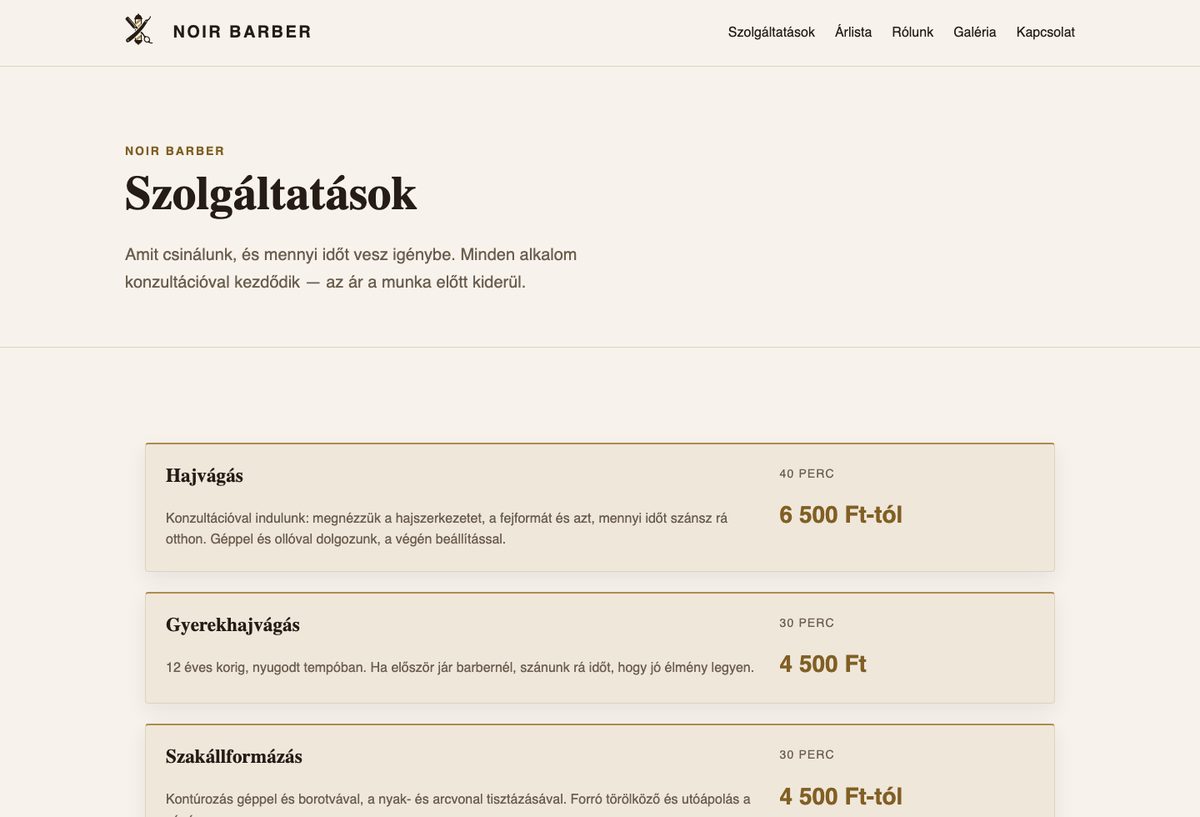 A NOIR BARBER bemutató oldal szolgáltatások és árak oldala