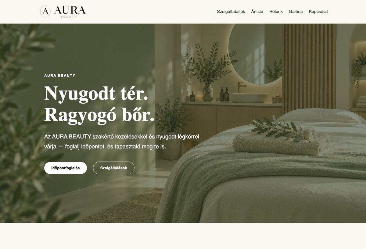 Az AURA BEAUTY bemutató oldal főoldala asztali nézetben