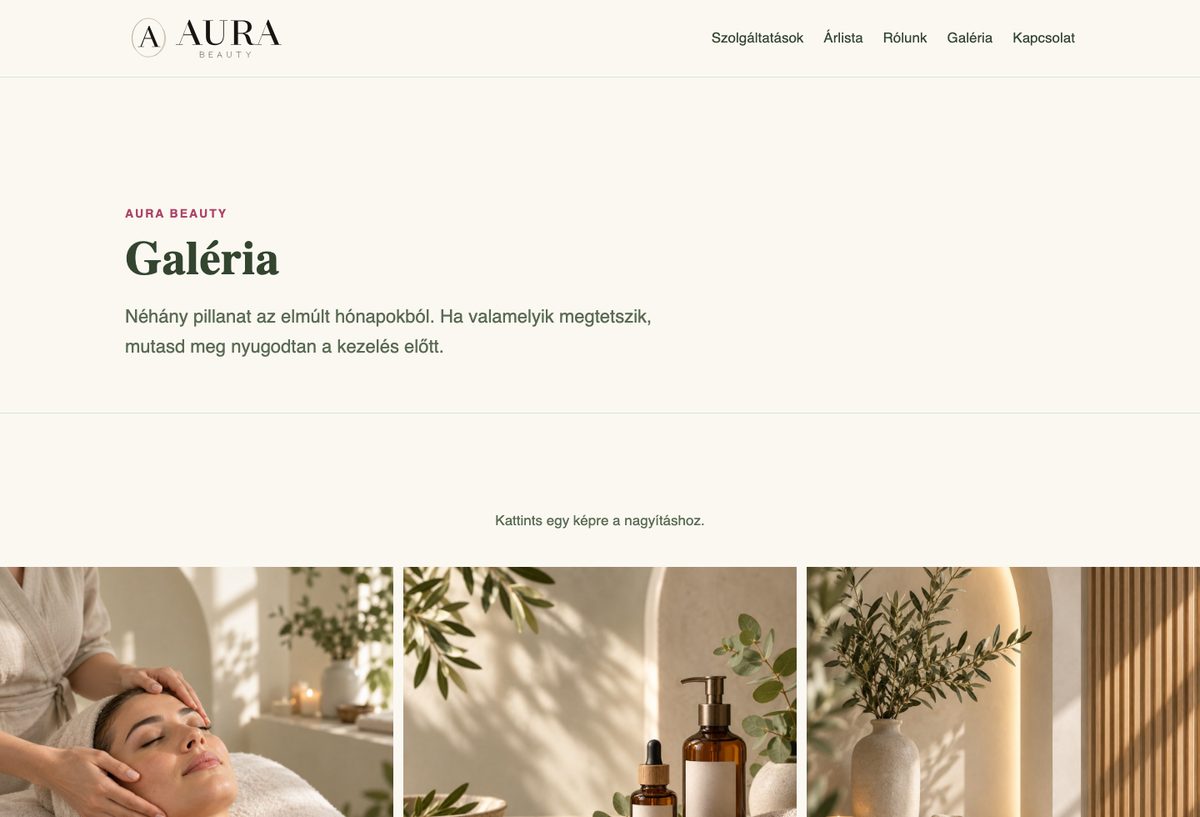Az AURA BEAUTY bemutató oldal galéria oldala