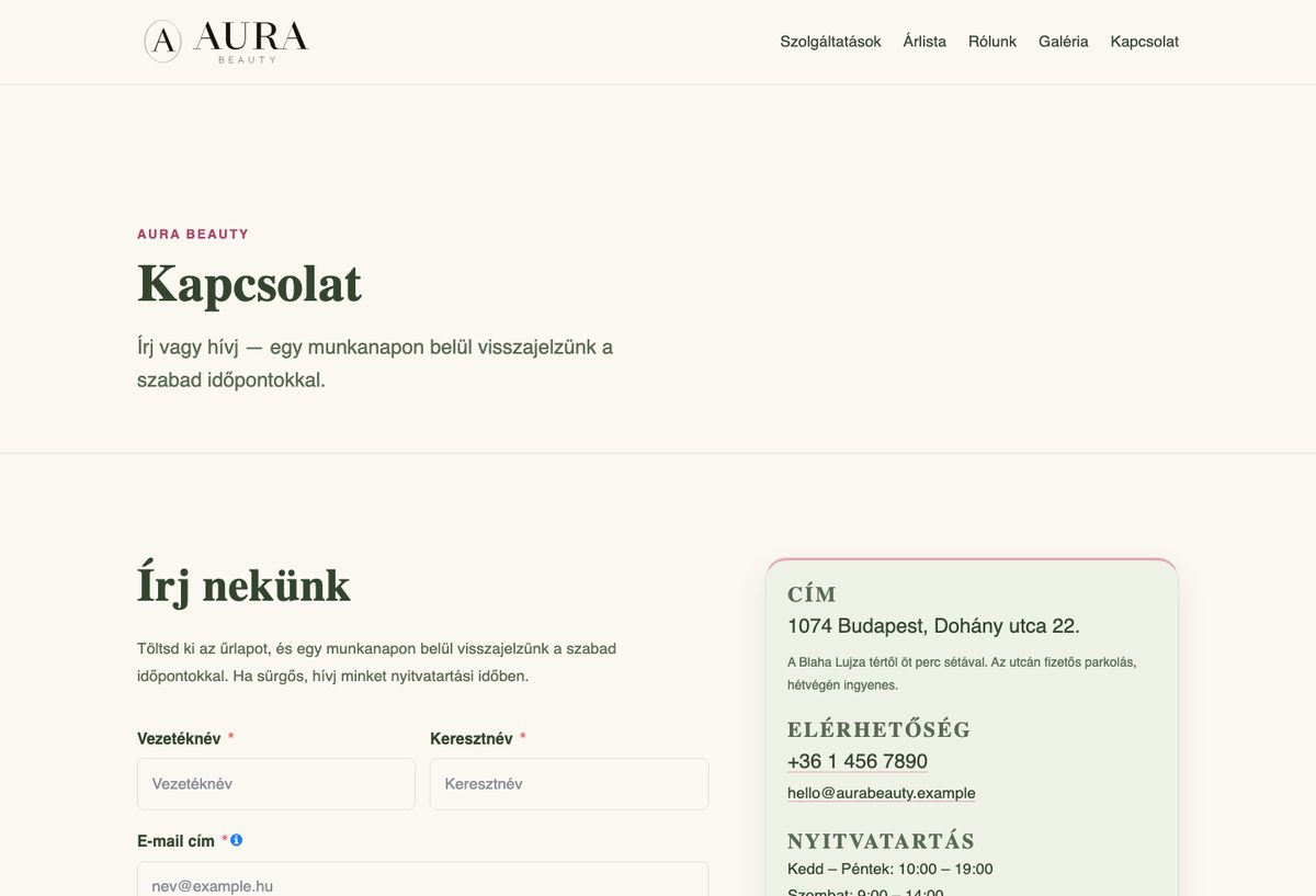 Az AURA BEAUTY bemutató oldal kapcsolat és foglalás oldala