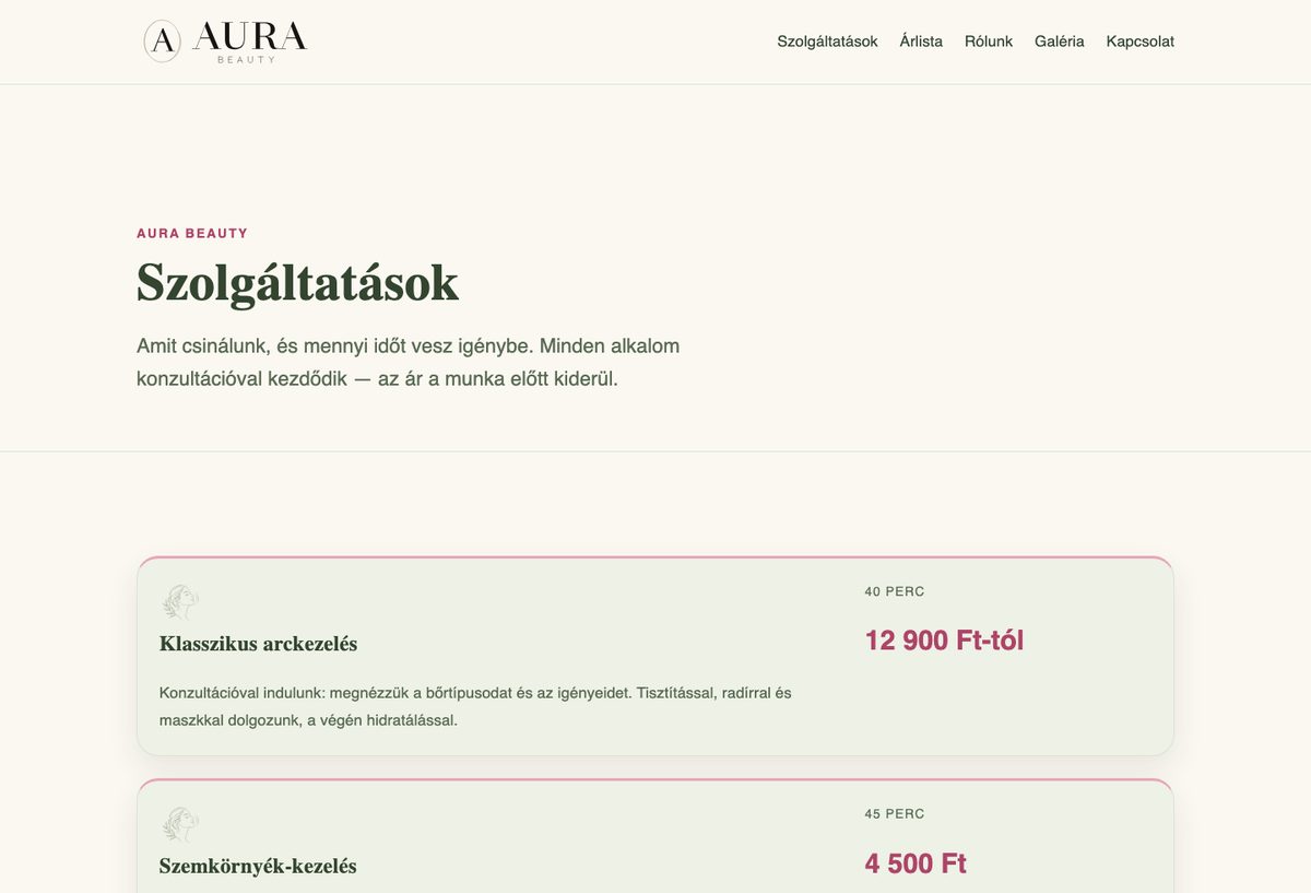 Az AURA BEAUTY bemutató oldal kezelések és árak oldala