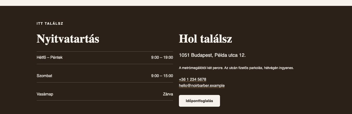 BarberKit — Kapcsolat és lezárás szekció a NOIR BARBER bemutató oldalán