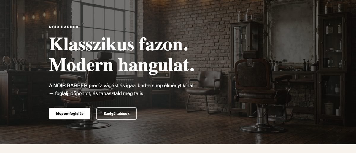 BarberKit — Nyitás és bemutatkozás szekció a NOIR BARBER bemutató oldalán