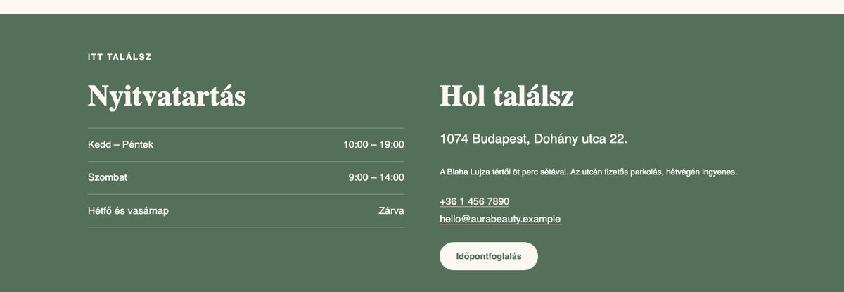 BeautyKit — Kapcsolat és lezárás szekció az AURA BEAUTY bemutató oldalán